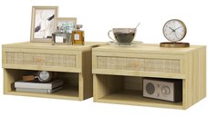 HOMCOM Set de 2 Noptiere Plutitoare, Noptiere cu Sertar din Ratan și Raft Deschis pentru Dormitor, 40x34x23 cm, Lemn Natural | Aosom Romania