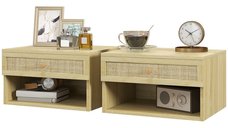 HOMCOM Set de 2 Noptiere Plutitoare, Noptiere cu Sertar din Ratan și Raft Deschis pentru Dormitor, 40x34x23 cm, Lemn Natural | Aosom Romania