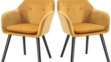 HOMCOM Set de 2 scaune pentru sufragerie cu cotiere, scaune pentru bucatarie tapitate cu catifea cu picioare din lemn, 54x56x74cm, galben