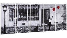 HOMCOM Set de 5 tablouri decorative pe panza, fata cu balon rosu, alb-negru, design modern pentru dormitor si sufragerie