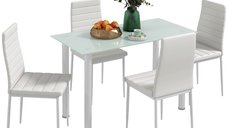 HOMCOM Set de Masa 5 Piese cu 4 Scaune, Design Modern, Masa din Sticla, Alb | Aosom Romania