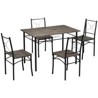 HOMCOM Set de masa pentru 4 persoane, set de masa si scaune de bucatarie 5 piese, masa de masa cu cadru metalic, maro rustic - 1