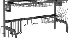 HOMCOM Uscator de vase cu 2 rafturi pentru chiuveta, cu suport pentru tacamuri si carlige, 100x30x52,5 cm, negru | AOSOM RO