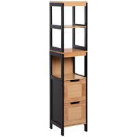 Kleankin Dulap Baie Multifuncțional 2 Sertare 3 Compartimente Lemn MDF Bambus 30x30x144.3cm Culoare Lemn | Aosom Romania - 1
