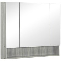 kleankin Dulap cu Oglindă cu 4 Secțiuni și Rafturi Reglabile, Oglindă de Baie din Lemn și Sticlă, 90x15x75 cm, Gri | Aosom Romania - 1