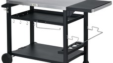 Outsunny Carucior Masa pentru Gratar cu Masa Laterala Pliabila, Blat din Otel Inoxidabil, Carucior Portabil pentru Gratar cu 2 Roti, 6 Carlige