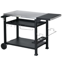 Outsunny Carucior Masa pentru Gratar cu Masa Laterala Pliabila, Blat din Otel Inoxidabil, Carucior Portabil pentru Gratar cu 2 Roti, 6 Carlige - 1