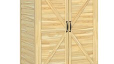 Outsunny Căsuță de Grădină din Lemn cu Rafturi și Cârlige, Dulap cu Uși Duble și Blat Metalic Zincat, 71,5x39x95cm, Natural