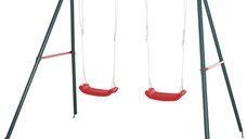 Outsunny Leagăn Dublu pentru Copii 3+ Ani cu Structură Metalică, Leagăn de Grădină cu Coardă Reglabilă, Max 45 kg, 239x156x180 cm, Verde/Roșu | Aosom Romania