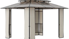 Outsunny Pavilion cu acoperis rigid din policarbonat 3.7 x 3 (m) Pergola din cadru metalic cu acoperis dublu pentru gradina, veranda, Maro