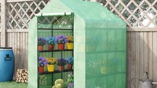 Outsunny Sera de gradina cu rafturi pentru plante, legume, fructe, gradinarit protectie din PE si usa care se ruleaza, 143x138x190cm, verde | AOSOM RO