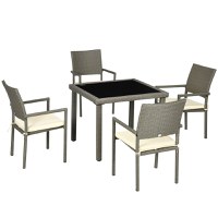 Outsunny Set de Exterior din Ratan PE de 5 Piese, Masa de Gradina cu Blat din Sticla si 4 Scaune cu Perne, Gri | AOSOM RO - 1