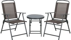 Outsunny Set de gradina cu 3 piese, masa cu blat din sticla si 2 scaune pliabile, maro