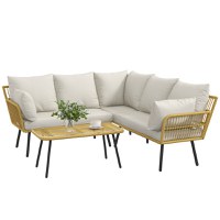Outsunny Set de Mobilier de Gradina din Ratan din PE cu 4 Piese cu Canapea de Colt, Masuta de Cafea, Set de Scaune Rabatabile pentru Terasa cu Perne - 1