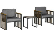Outsunny Set De Mobilier De Gradina In 3 Piese Pentru Exterior Cu Perne Groase De 10 cm, Cu Masuta De Cafea Din Plastic cu Granulatie, Gri