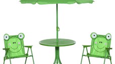 Outsunny Set Masa de Gradina cu 2 Scaune Pliabile si Umbrela pentru Copii din Metal si Poliester, Verde
