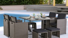 Outsunny Set Mobilier de Gradina Extern 9 bucati Masa cu 4 Scaune 4 Taburet in Rattan, Maro