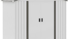 Outsunny Sopron de gradina din tabla de otel, casuta de gradina cu usi glisante, 213x130x185 cm, alb | AOSOM RO