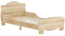 Pat copii AIYAPLAY 70x140 cm, din lemn natural, cu bariere de siguranta si design cu urs, pentru varstele 3-6 ani