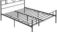 Pat Matrimonial HOMCOM din Otel 160x200cm cu Sipci, Tetiera si Spatiu de Depozitare, Negru | Aosom Romania
