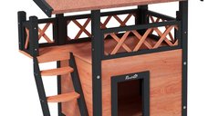 PawHut casuta de exterior pentru pisici cu terasa si scara, acoperis impermeabil, 77 x 50 x 73 cm, maro si rosu
