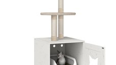 PawHut Cățeluș cu toaletă integrată, turn de joacă 2-în-1 de 129 cm cu ascunzătoare pentru litieră, stâlpi de zgâriat, crem | Aosom Romania