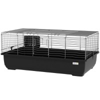 PawHut Cusca pentru Iepuri cu 2 Deschideri cu Tasa Detasabila, Cusca pentru Rozatoare din Metal si Plastic PP, 100x55x41 cm, Negru si Argintiu - 1