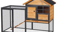 PawHut Cusca pentru Iepuri cu Casuta, Rampa si Spatiu Deschis, Cusca pentru iepuri din Lemn si Metal Galben Deschis, 122x63x92cm
