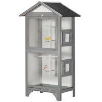PawHut Cusca pentru pasari in aer liber din lemn de brad, 2 deschideri cu blocare 4 stinghii si tava detasabila, gri deschis | Aosom Romania - 1