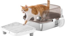 PawHut Cutie de Nisip Acoperita pentru Pisici cu Tavă din Oțel Inoxidabil și Părți Înalte