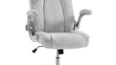 Scaun de Birou Ergonomic HOMCOM cu Spatar Inalt si Cotiere Rabatabile, Catifea Imprimata, Alb Crem