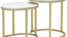 Set 2 Măsuțe de Cafea HOMCOM cu Blat Marmorat din MDF și Oțel, Ø50x50.5 cm și 60x36x43.5 cm, Alb și Auriu