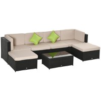 Set 7 Piese Living pentru Exterior Outsunny, PE Rattan, Canapea Puf Masuta Negru, kaki| Aosom RO - 1