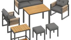 Set canapea modern pentru exterior cu masă detașabilă, cotiere împletite și perne confortabile, Gri/Natural