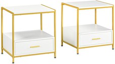Set de 2 Masute Noptiere Moderne, Noptiere cu Sertar si Raft, Organizatoare de Depozitare, Alb si Auriu 50x40x55cm HOMCOM | Aosom Romania