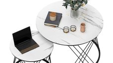 Set de 2 mese de cafea HOMCOM cu aspect marmură, plăci de particule și cadru metalic, rotunde și plasabile, Alb | Aosom Romania