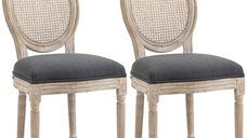 Set de 2 Scaune de Masa HOMCOM, Stil Louis XVI, Lemn Masiv Sculptat, Gri cu Spatar din Trestie | Aosom Romania
