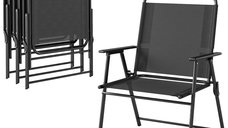 Set de 4 Scaune de Camping Pliabile Outsunny cu Spatar Inalt si Cotiere, Tesatura Textilene Neagra