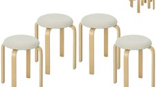 Set de 4 taburete stivuibile HOMCOM, cu tapițerie confortabilă și picioare din lemn, Alb crem