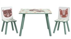 Set de masă și scaune ZONEKIZ pentru copii, 3 piese, din MDF și lemn de pin, cu design animalier, verde | Aosom Romania