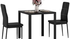 Set masă și scaune HOMCOM pentru 2 persoane, blat din sticlă neagră, ideal pentru bucătărie sau living