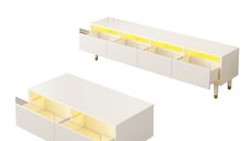 Set mobilier modern cu LED, comodă TV cu 4 uși și masă de cafea cu 2 sertare, Alb