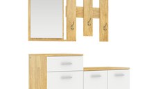 Set pentru Intrare 3 in 1 cu Cuier de Perete HOMCOM, Oglinda si Suport pentru Pantofi cu Banca din Lemn, Culoare Lemn natur si Alb | Aosom Romania