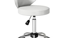 Taburet HOMCOM cu roti, reglabil 73-88 cm, spatar ergonomic, pivotant 360°, alb | Aosom Romania