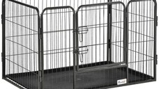 Tarc pentru Caini, Gard Metalic pentru Animale cu 4 Panouri, Usa Dubla de Blocare si Tavă la Baza, 125x78x80cm, Gri PawHut | Aosom RO