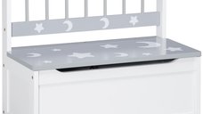 ZONEKIZ Cufar de jucarii moderna 2 in 1, scaun pentru copii, MDF si lemn de pin, 60x30x50 cm, alb si gri