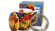 Cana cu capac portelan si infuzor inox, 450ml, Modern Hearts