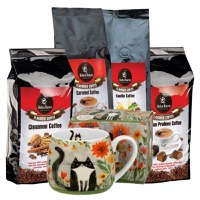Coffee Lover Gift (4 pachete cafea macinata cu arome + Cana butoias 430 ml Lumea Pisicilor - Pajiste) - 1