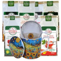 Tea Lover Kit (2 ceaiuri verzi + 2 ceaiuri rooibos + 2 ceaiuri de fructe + Cana cu capac portelan si infuzor inox, 450ml, Modern Sunflower Field)) - 1