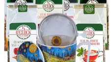 Tea Lover Kit (2 ceaiuri verzi + 2 ceaiuri rooibos + 2 ceaiuri de fructe + Cana cu capac portelan si infuzor inox, 450ml, Modern Sunflower Field))